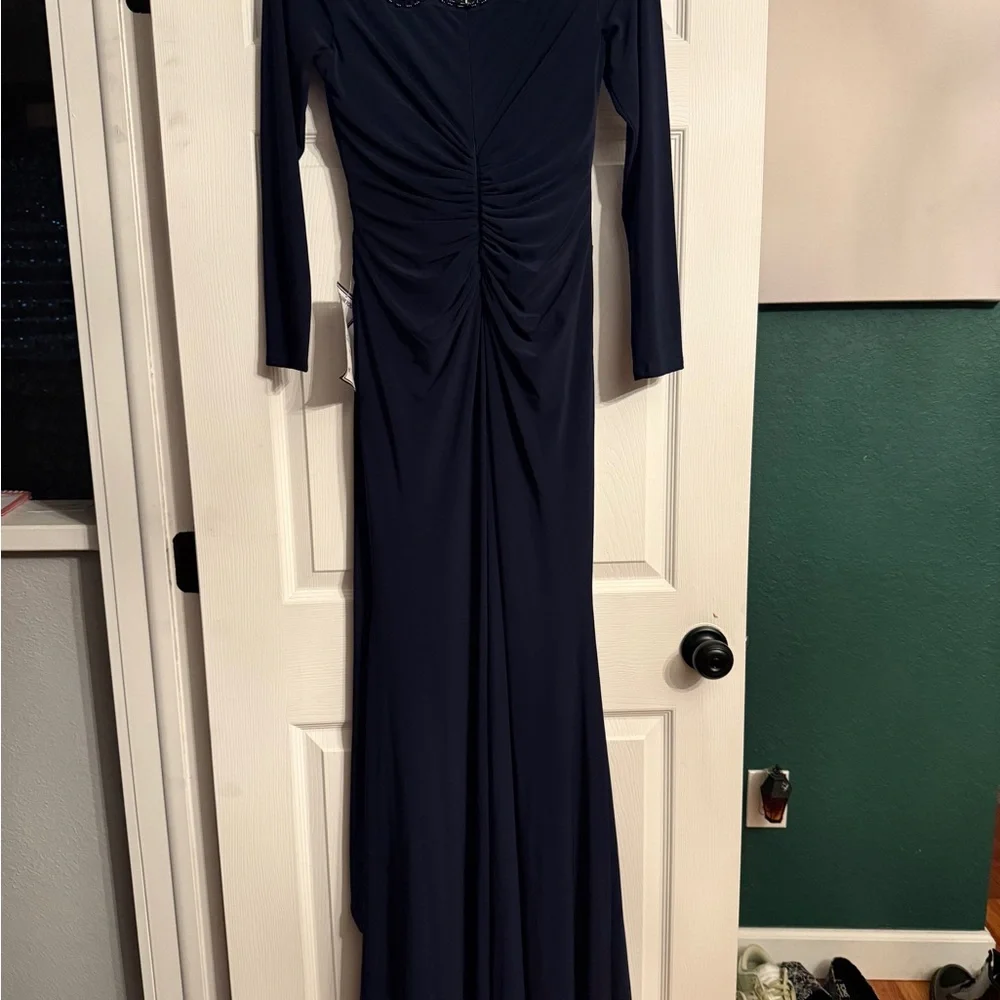 Xscape Navy Long Sleeve Gown with Embellished Neckline - Picture 4 of 6